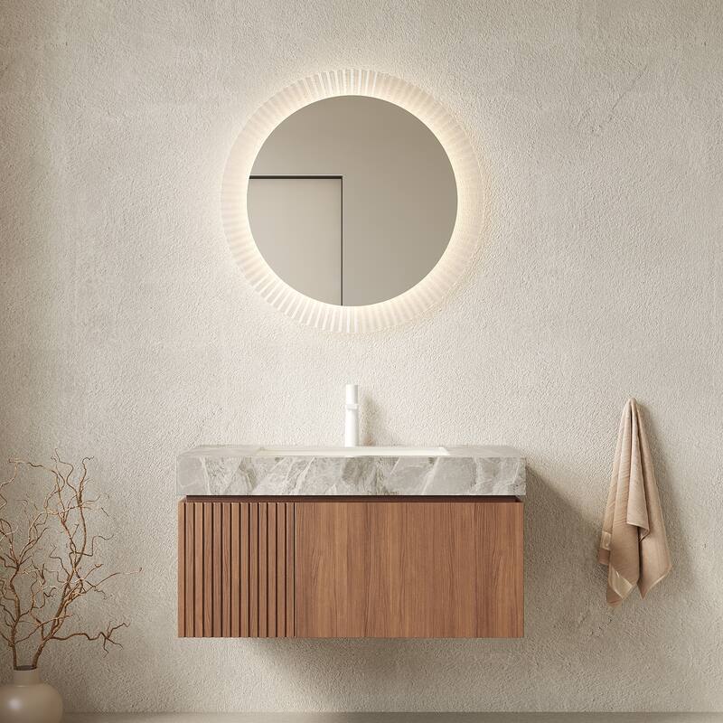 30"/36"/48" Wall-Mounted Bathroom Vanity with Ceramic Sink, Sintered Stone Countertop Floating Bathroom Storage Cabinet - Brown Oak,Light Gray - 36 Inch