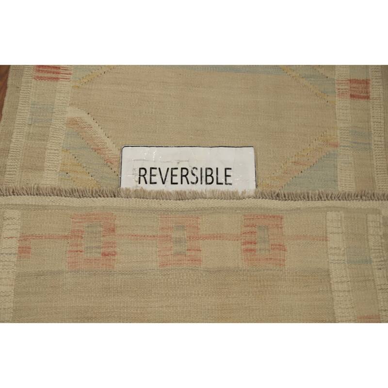 Hand Woven Oriental 100% Wool Carpet Southwestern Tribal Beige & Ivories Kilim Runner Rug - 9' 6'' X 2' 7''