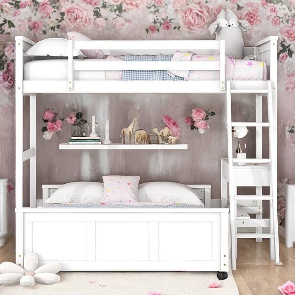 slide 2 of 24, Modren Twin Over Full Bunk Bed With Desk,Solid Construction For Bedroom White