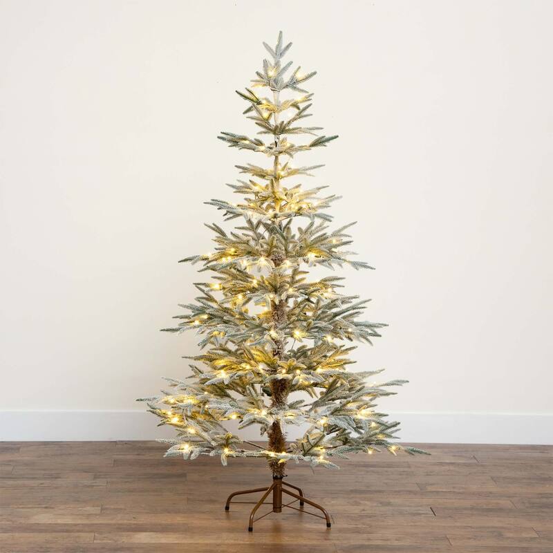 Pre-lit Slim Flocked Woodland Fir Christmas Tree - 6’ - Warm White LED Lights - 6 Foot