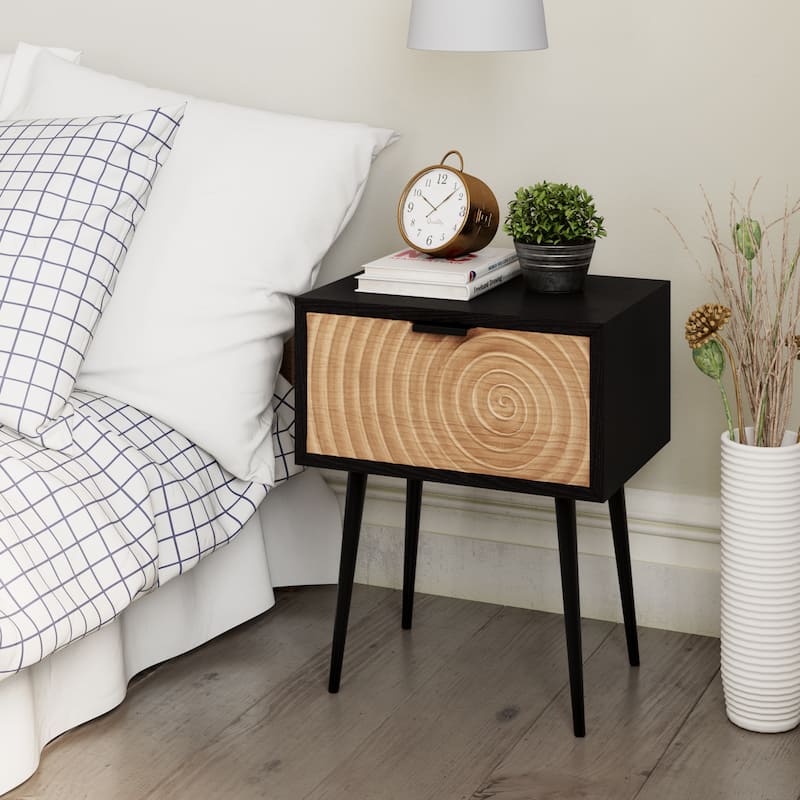 COZAYH Modern Farmhouse Nightstand, Drawer with Handcrafted Wood Ring