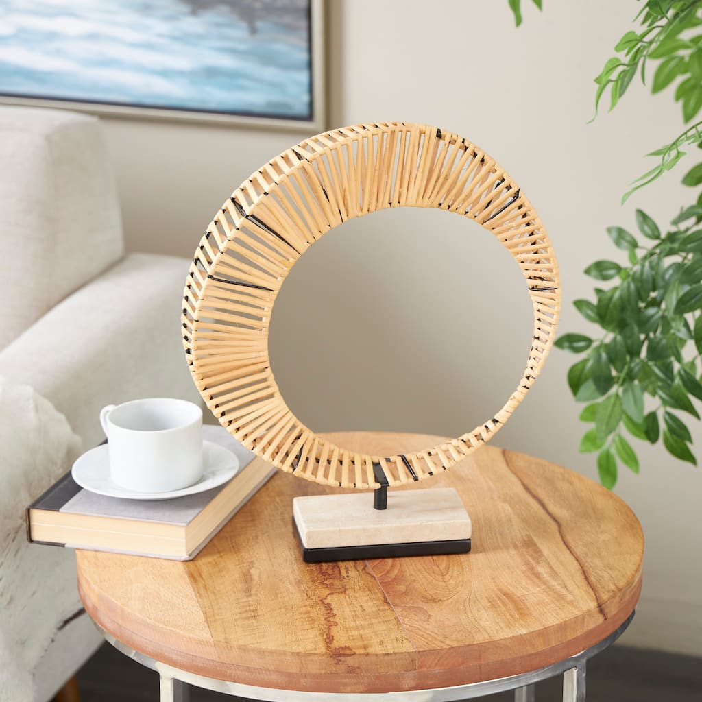 Brown Rattan Handmade Mobius Strip Inspired Abstract Sculpture with White Marble Base