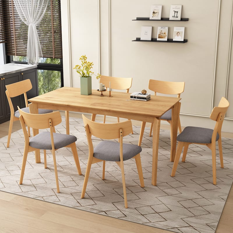 Christopher Knight Home - Thalorin Mid-Century Dining Table with Rubberwood Legs and Upholstered Chair Ensemble - 7 Piece - Dark Grey+Natural