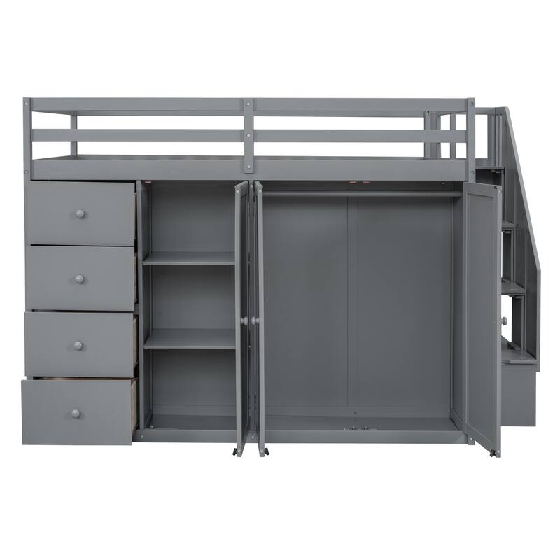 Merax Full Size Wood Loft Bed With Built-in Wardrobes, Cabinets and Drawers