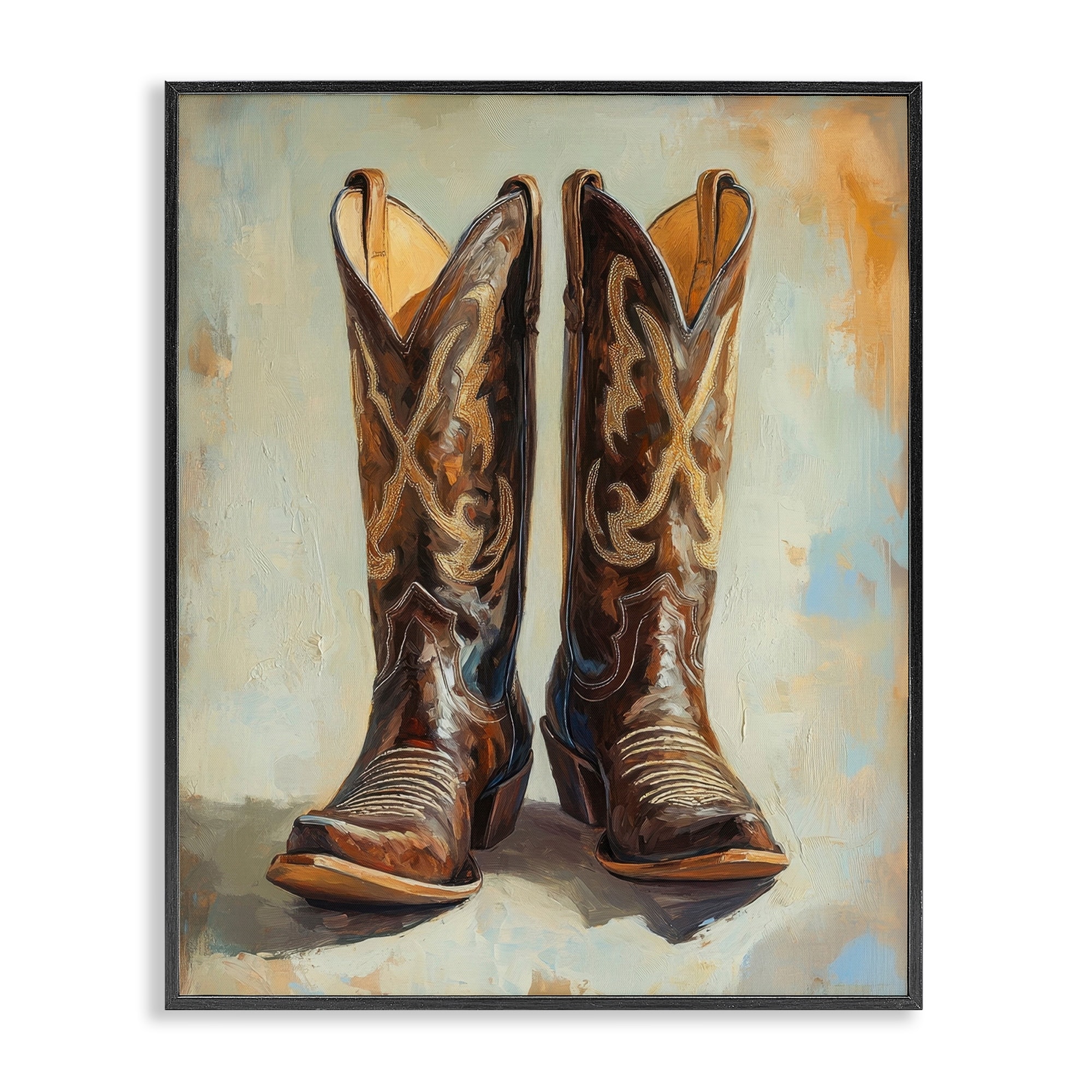 Stupell Cowboy Boots over Abstract Pattern Framed Giclee Art Design By Petal Prints Design