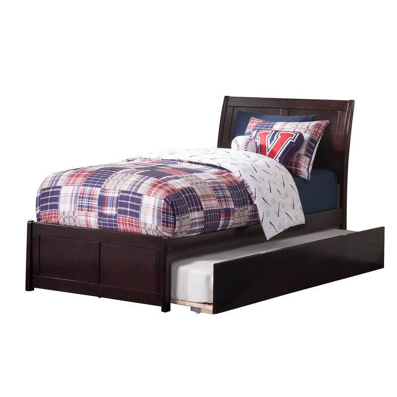 Platform Bed with Trundle - Twin Size, Walnut Finish - Modern Bedroom Furniture Set with Footboard