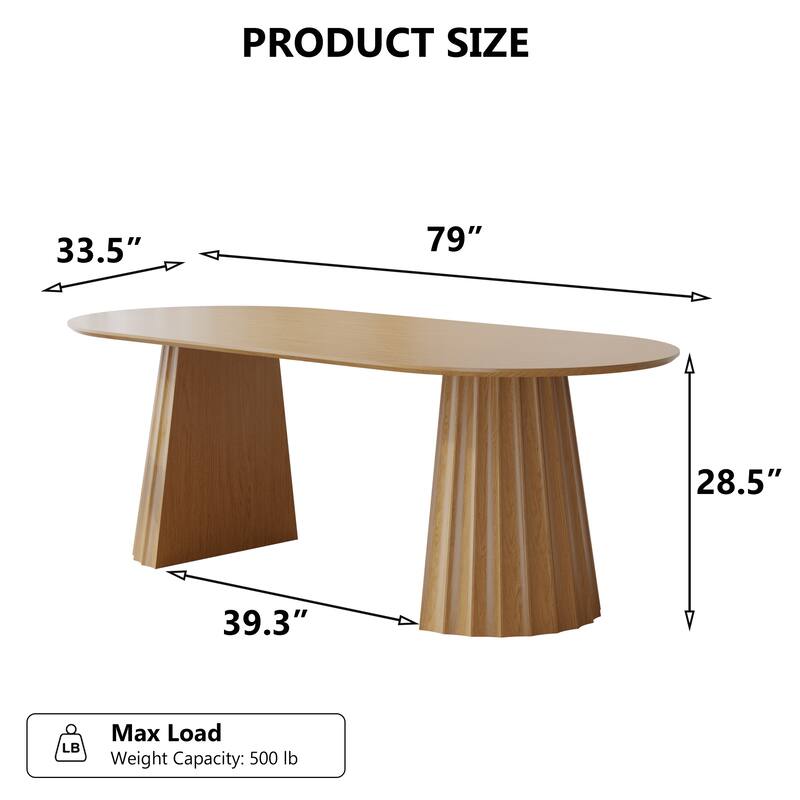 Modern Oval Wooden Dining Table - 79" Large Size, Sturdy Fluted Base, Natural Oak Finish for Dining Room