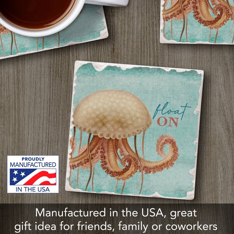 Float On 4 Pack Absorbent Stone Coasters with Cork Backing 4" Square Made in The USA Absorbent Wipes Clean