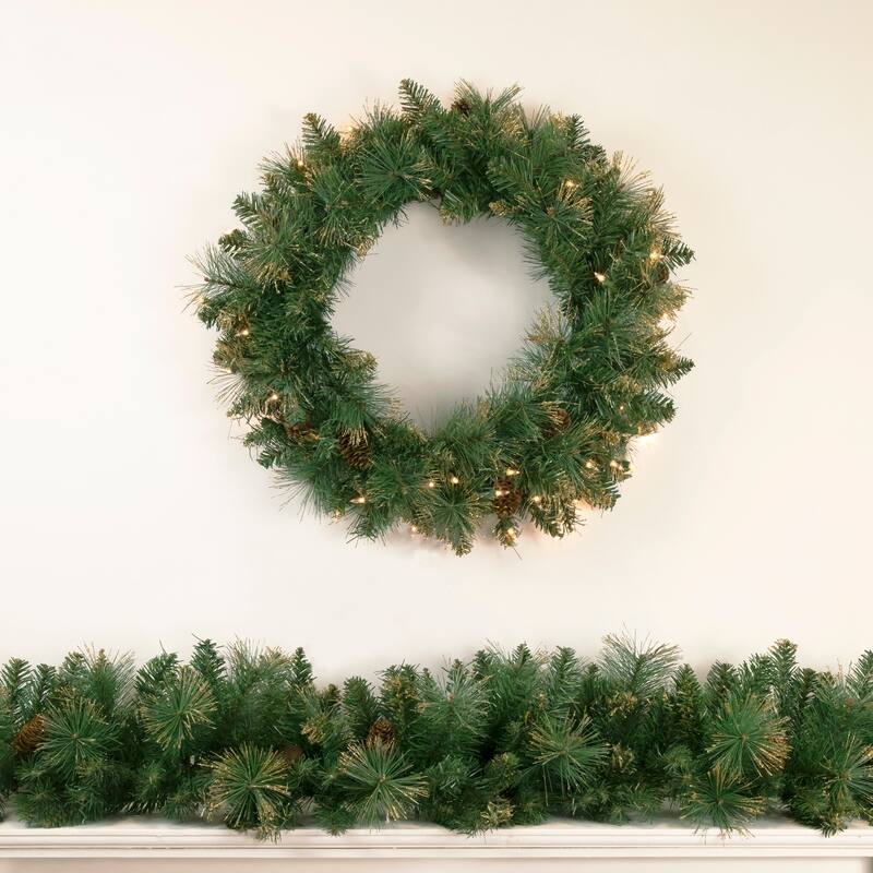 Yorkshire Pine Artificial Christmas Wreath, 24-Inch, Clear Lights