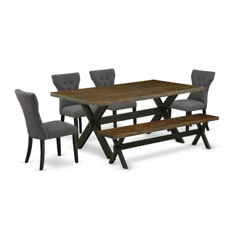Mid Century Dining Set - 6 Piece Table & Chair Set with Bench - Kitchen Table Set - Dark Grey Linen Fabric Chairs