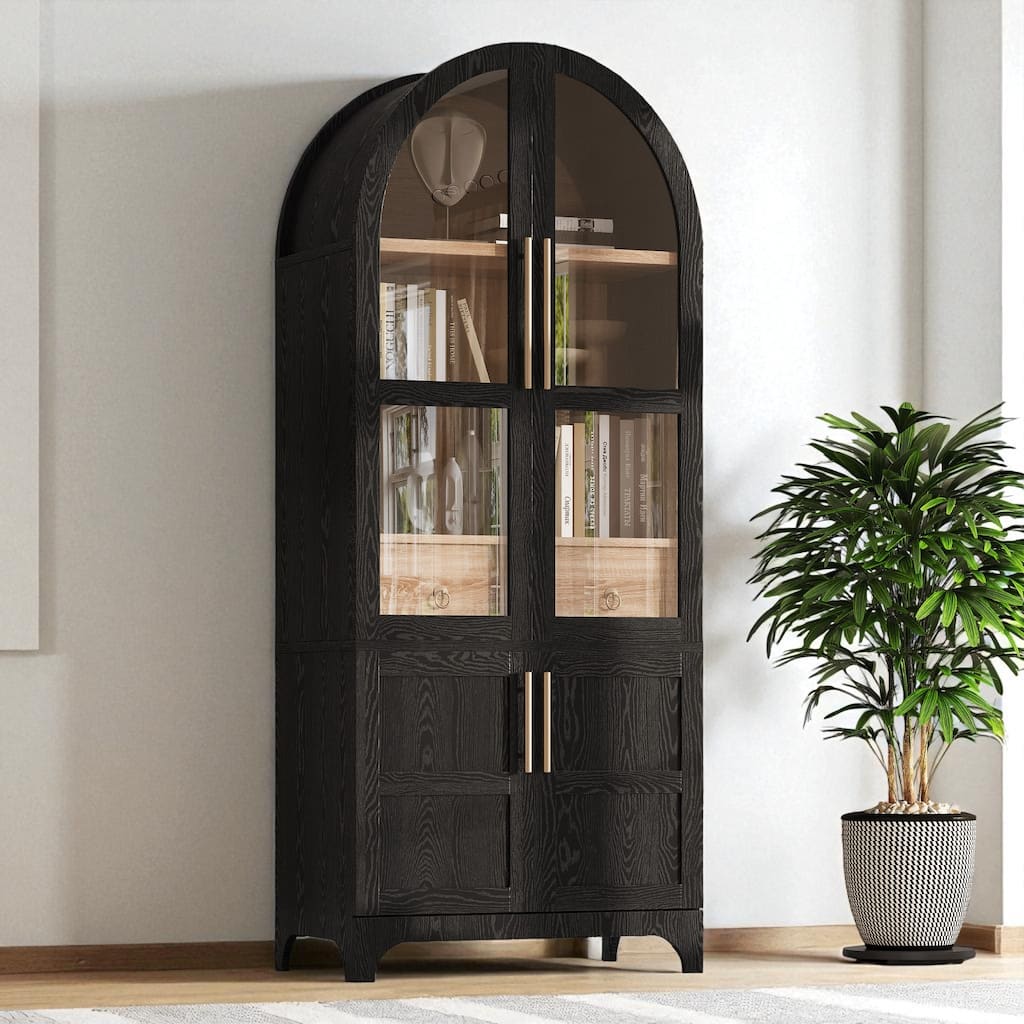 71" Tall Arched Kitchen Pantry Cabinet with Glass Door, Adjustable Shelves, Hidden Drawer & Door Storage for Kitchen