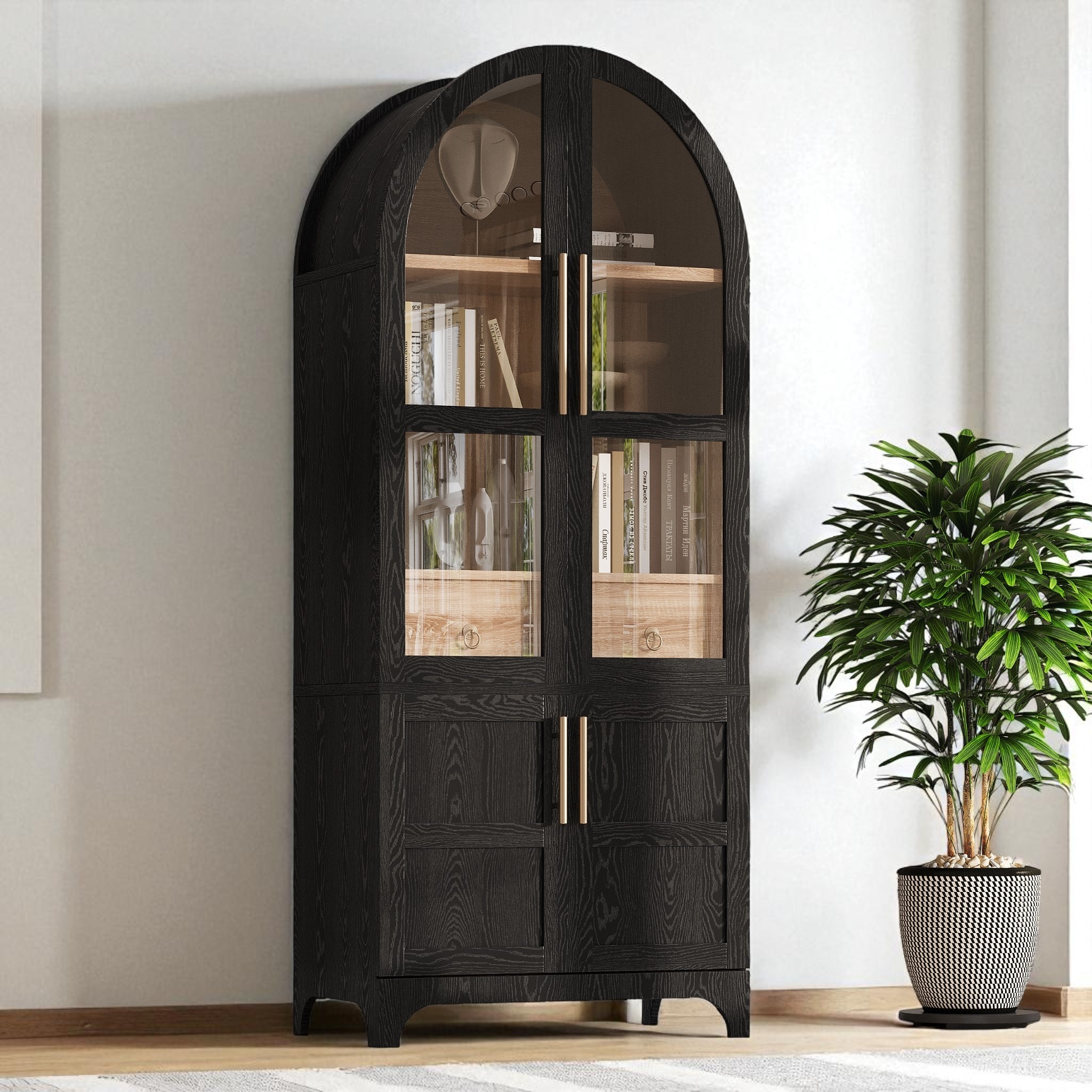 71" Tall Arched Kitchen Pantry Cabinet with Glass Door, Adjustable Shelves, Hidden Drawer & Door Storage for Kitchen