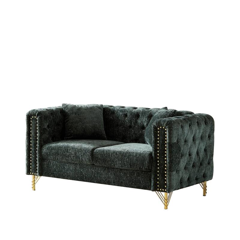 60-Inch Chenille Chesterfield Sofa, Living Room Couch with Buttons Tufted/Copper Nail Decoration Armrest