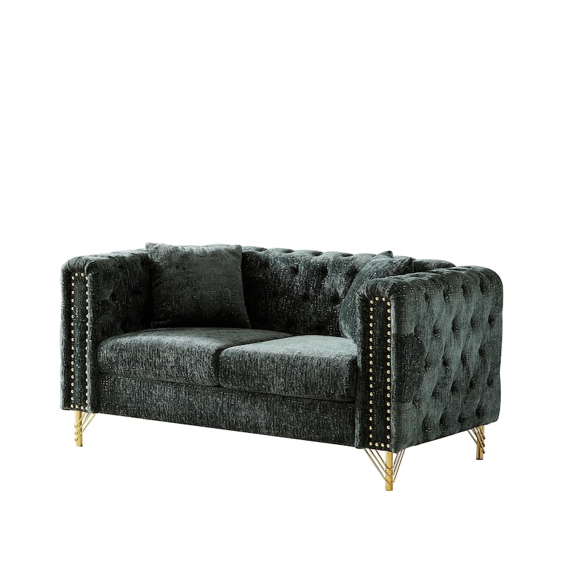 Modern 60-Inch Chenille Sofa, Chesterfield Pull-Buckle Design with Copper Nail Decor, Upholstered 2-Seater Couch