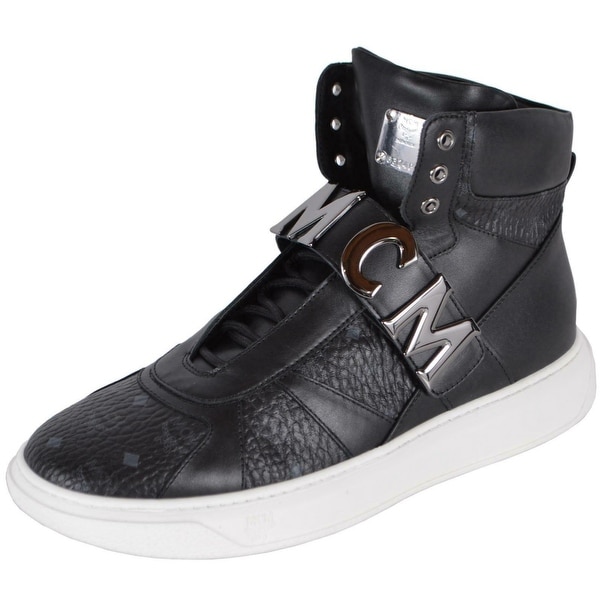 MCM Men's Black Leather Visetos Logo High Top Sneakers Shoes W/Plaque