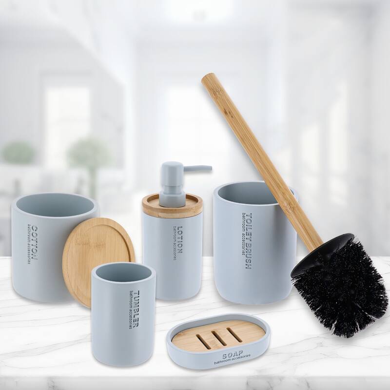 Bathroom Essentials Set Natural Bamboo Bath Set Accessories 5 pieces
