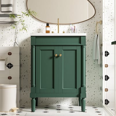 24-Inch Single Sink Bathroom Vanity with Storage Cabinet, Glossy Ceramic Basin, Soft-Closing Hinges, and Large Shelves