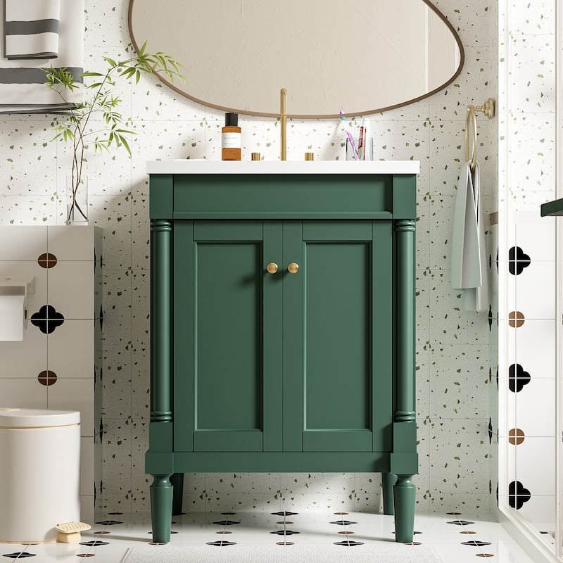 Roomfitters 24" Bathroom Vanity with Sink, 2-Tier Storage Cabinet, Freestanding Single Basin Unit - Green