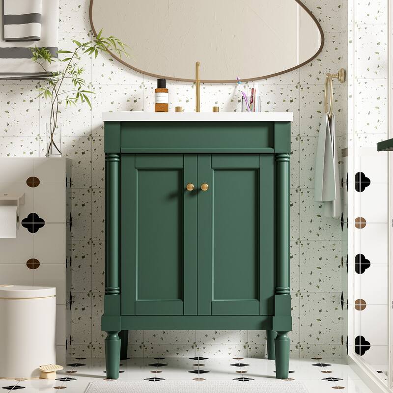 Single Sink Bathroom Vanity with Large Storage Shelves and Metal Knobs - Green