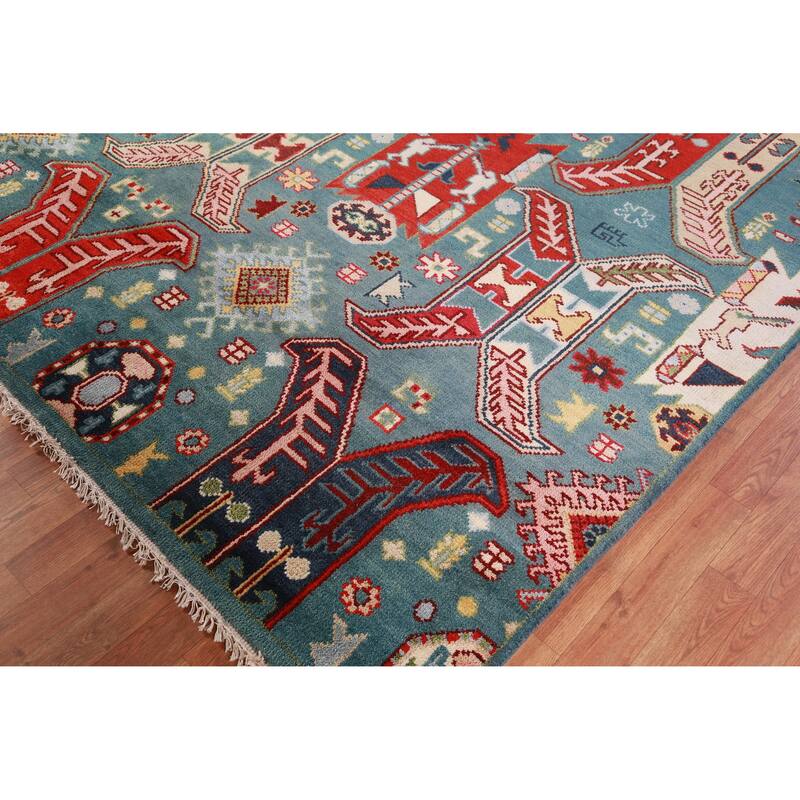 Hand Knotted Oriental 100% Wool Carpet Traditional All-Over Navy Blue & Blues Kazak Area Rug - 12' 1'' X 9' 1''