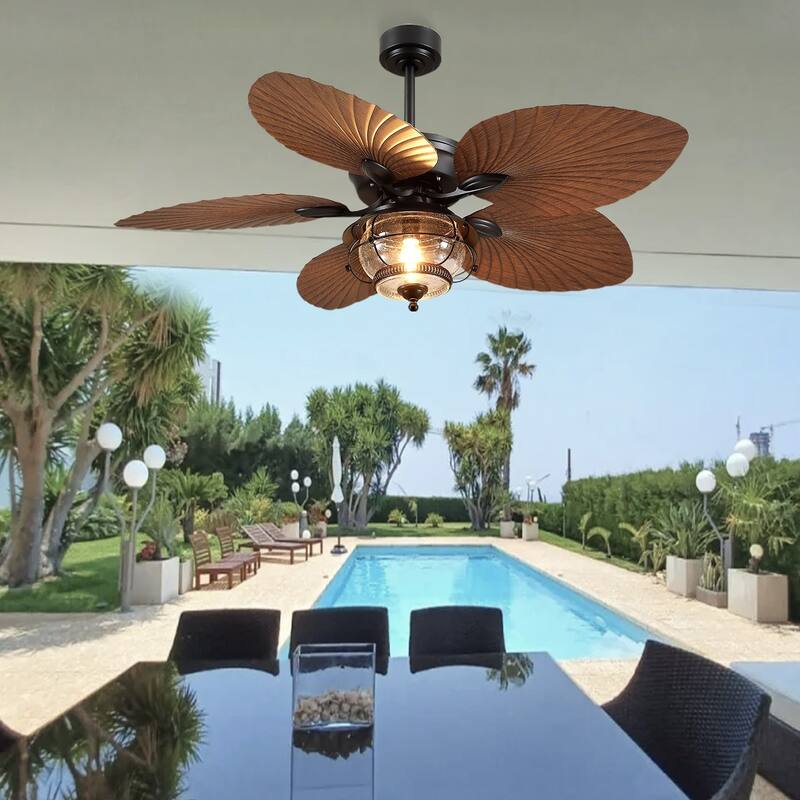 Kviflon 52 Inch Tropical Ceiling Fan with Light Palm Leaf Blades,Wet Rated for Living Room Bedroom Patio Farmhouse - 52 Inches