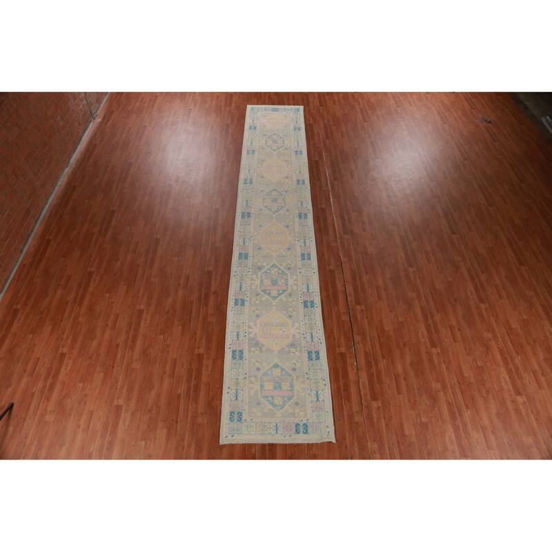 Hand Knotted Oriental 100% Wool Carpet Transitional Geometric Greys & Charcoal Oushak Runner Rug - 17' 6'' X 3' 1''
