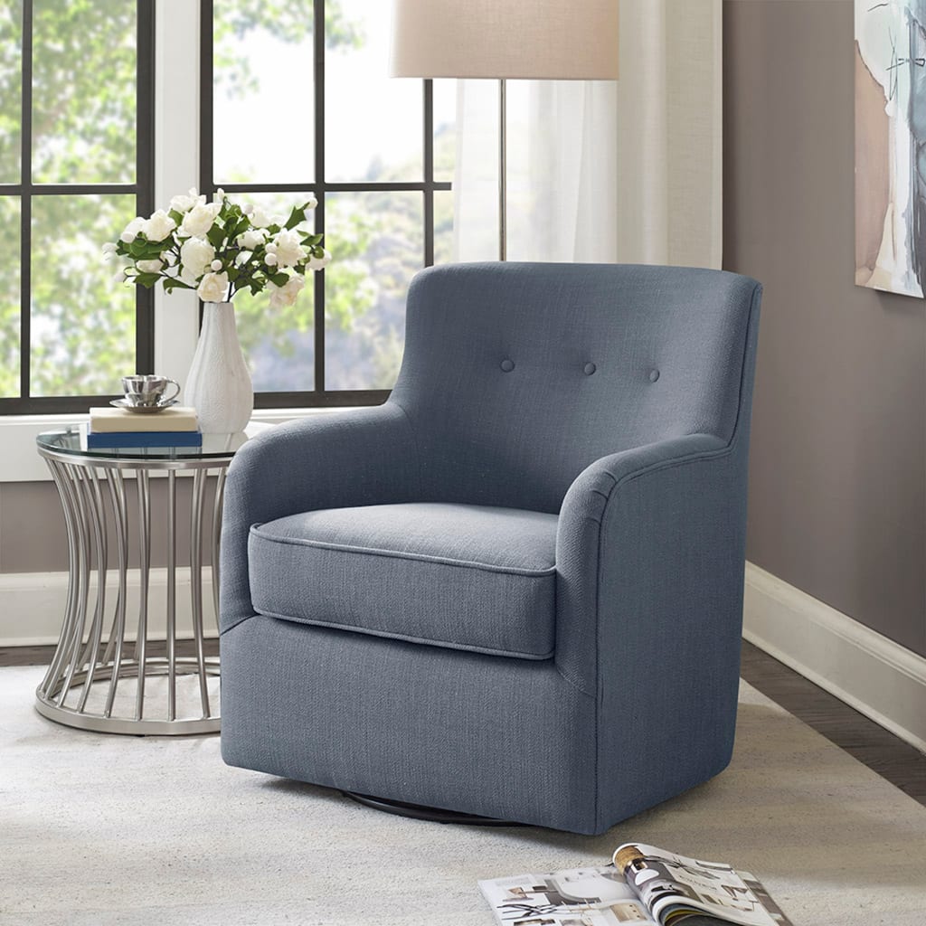 Roomfitters 360 Degree Swivel Accent Chair, Button Tufted Back Armchair, Upholstered Transition Lounge Seating, Blue