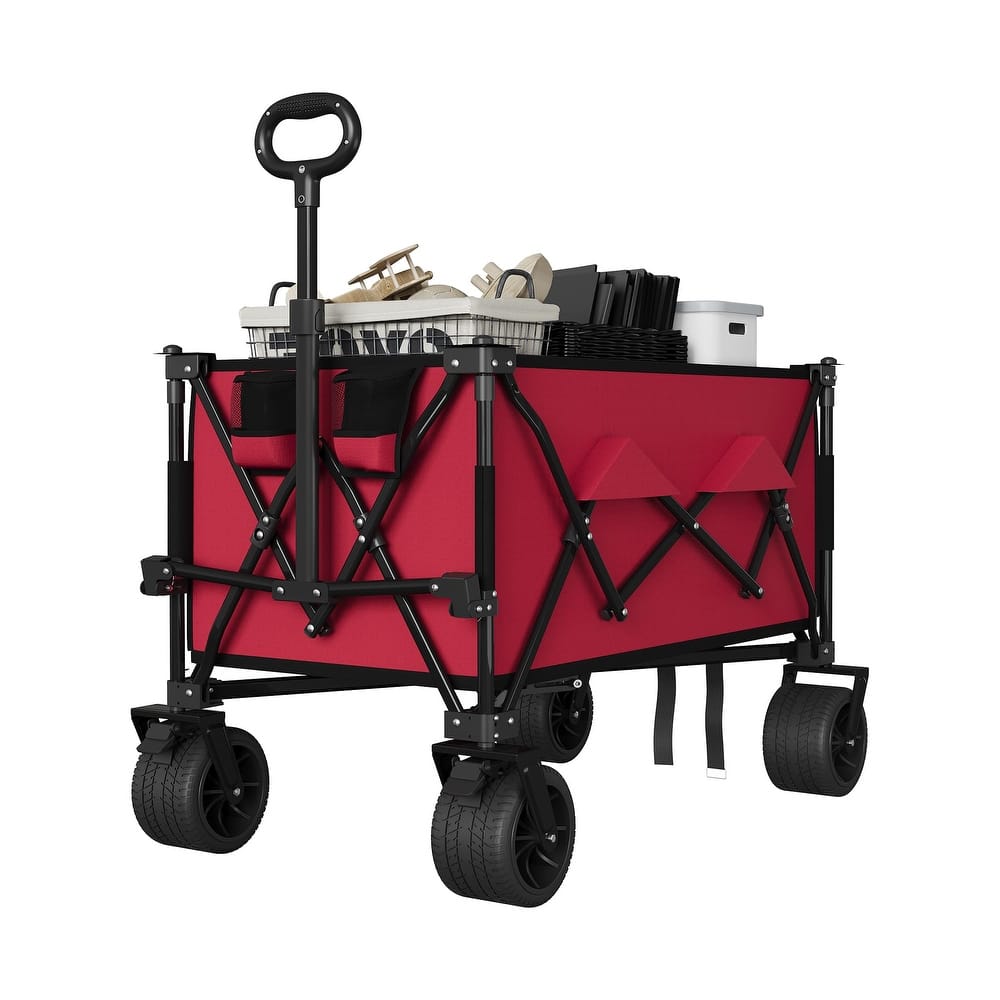 Folding All Terrain Utility Wagon Cart with Wheels and Cup Holders