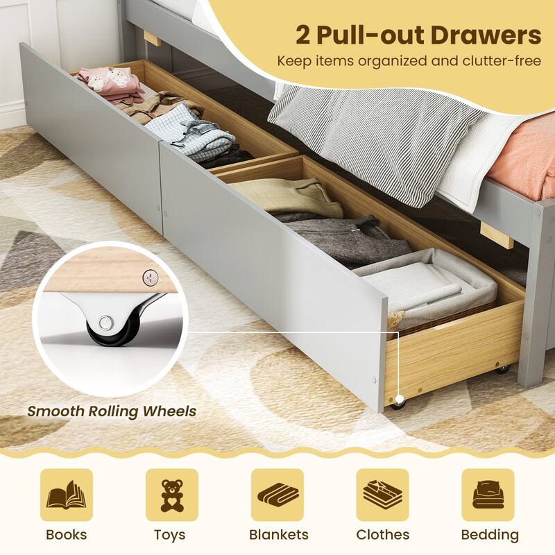 Twin Size Wooden Corner Sofa Daybed Frame with 2 Storage Drawers and Slats for Kids or Guest Bedroom
