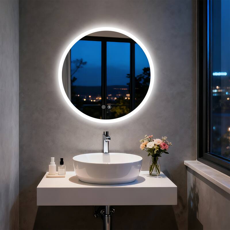 Backlit Round LED Lighted Bathroom Mirror Smart Touch Anti-Fog Wall Makeup Mirror with Aluminum Frame