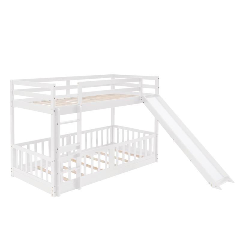 White Twin Over Twin Bunk Bed with Slide and Ladder, Space-Saving Design