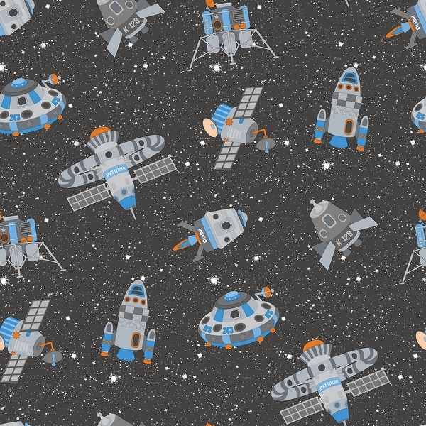 slide 2 of 6, Galerie Wallcoverings Tiny Tots 2 Spaceships Non-woven Glittery Wallpaper Roll 33 feet x 21 inches - Black/Blue/Orange/Glitter