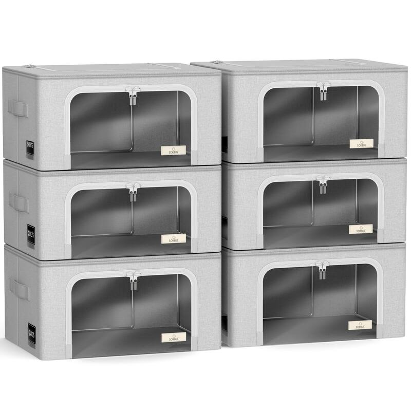 Sorbus Storage Bins with Metal Frame, Clear Window, & Carry Handles - Stackable & Foldable Clothes Organizer Bags - 6 Pack
