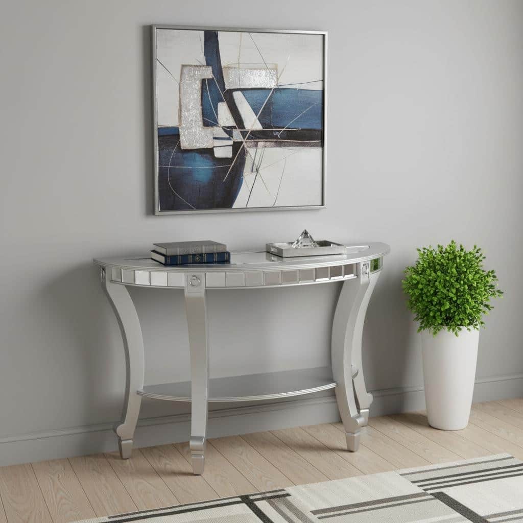 HomeRoots 46" Silver Mirrored Glass Half Circle Console Table With Storage - 46.00 in. x 30.00 in. x 18.00 in.