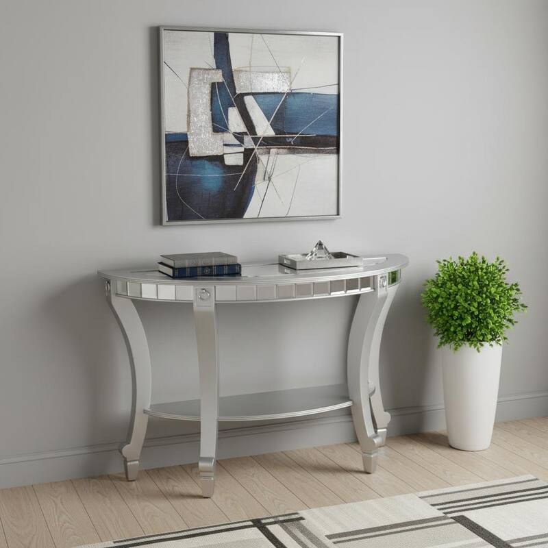 HomeRoots 46" Silver Mirrored Glass Half Circle Console Table With Storage - 46.00 in. x 30.00 in. x 18.00 in. - Silver