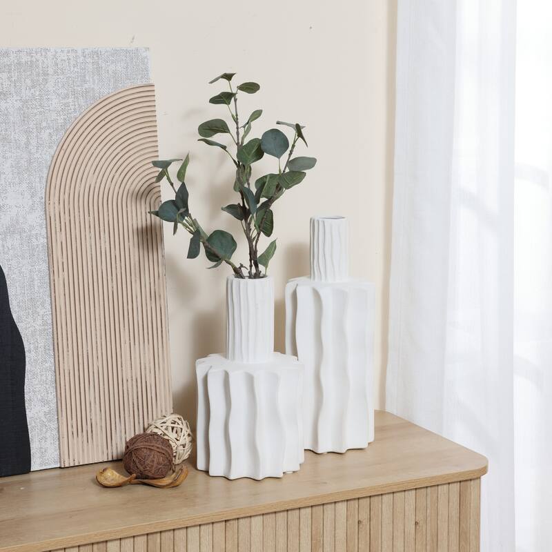 2-Piece White Fluted Stoneware Table Vase Set