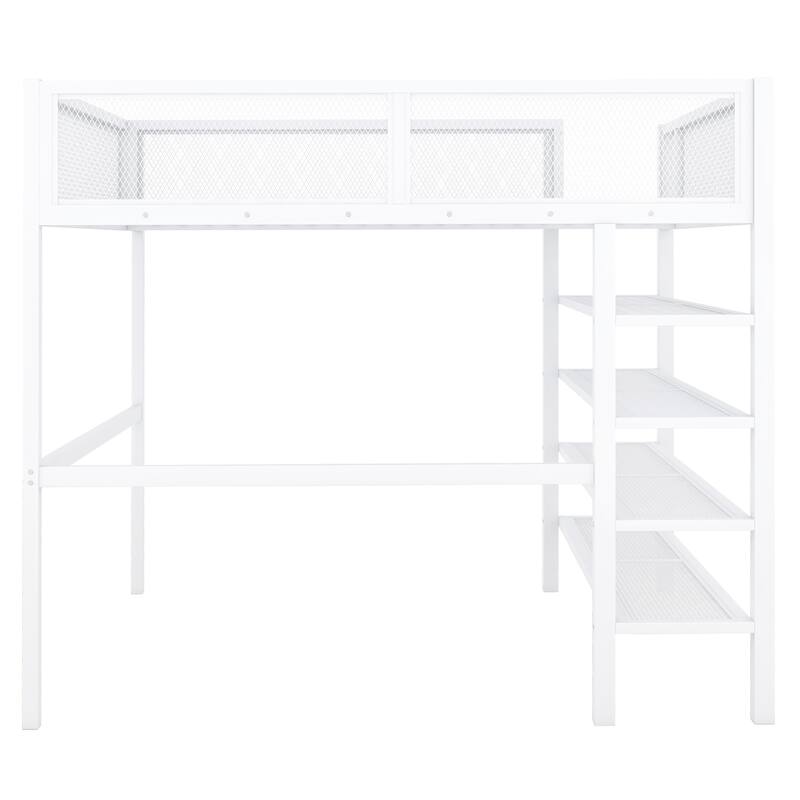 Twin/Full Metal Loft Bed with Built-in Desk, Shelves, and Storage, Modern Design