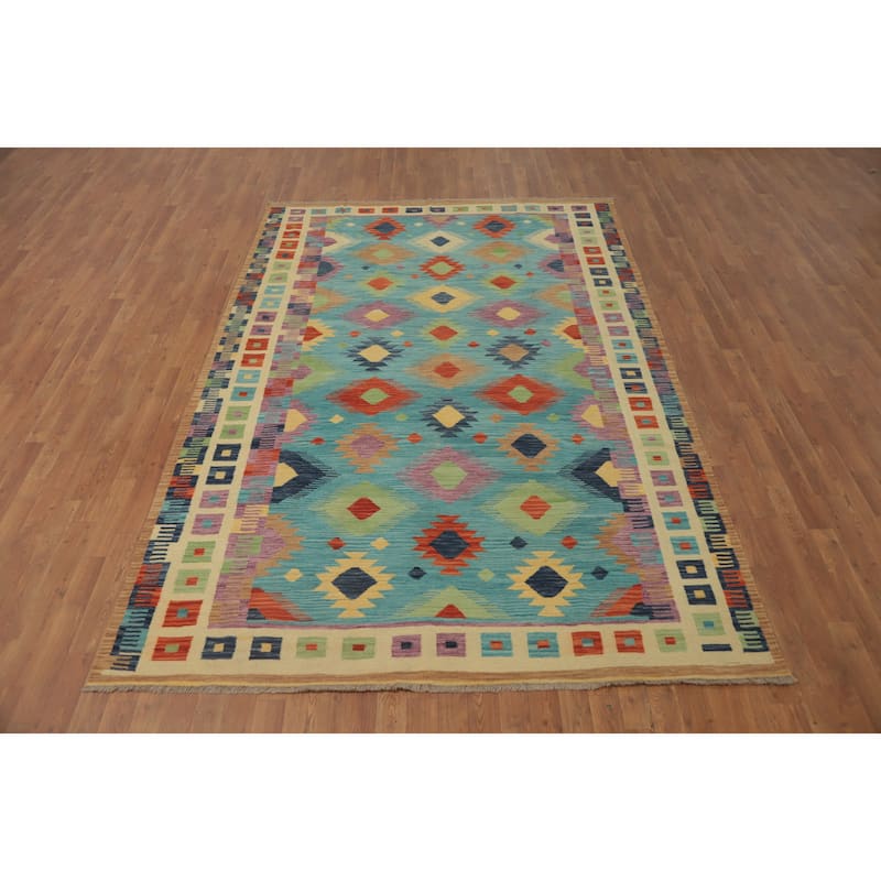 Hand Woven Oriental 100% Wool Carpet Southwestern Tribal Navy Blue & Blues Kilim Area Rug - 9' 9'' X 6' 7''