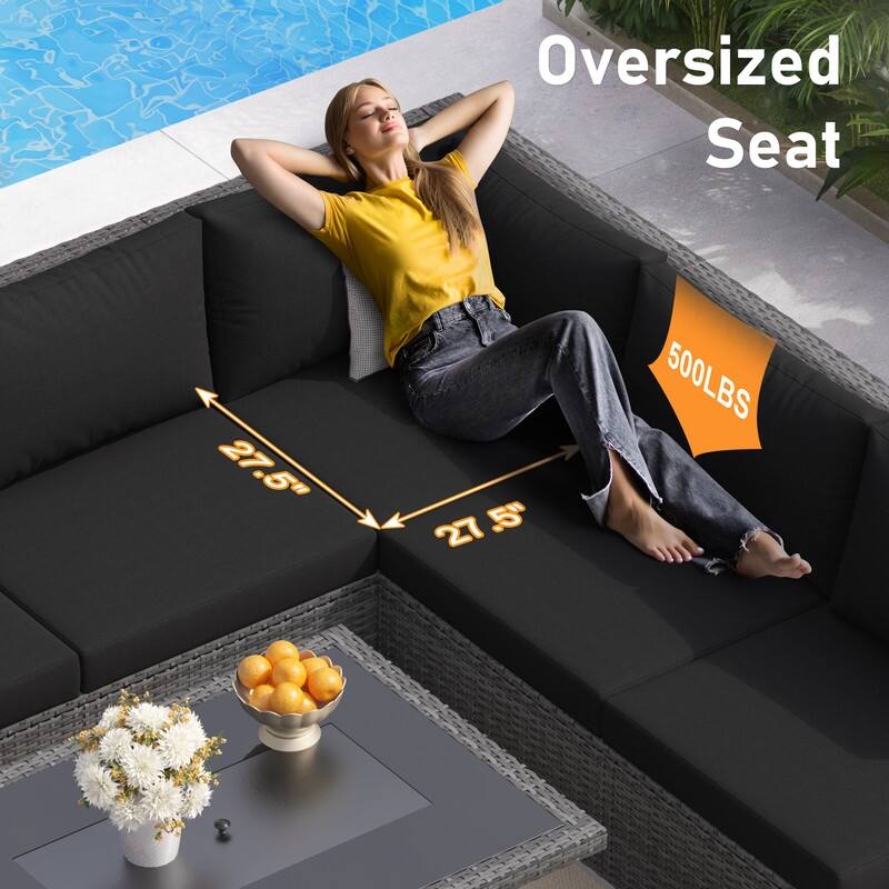 7 Piece Outdoor Sectional Modular Wicker Patio Conversation Set with 43'' Fire Pit Table and Cushion