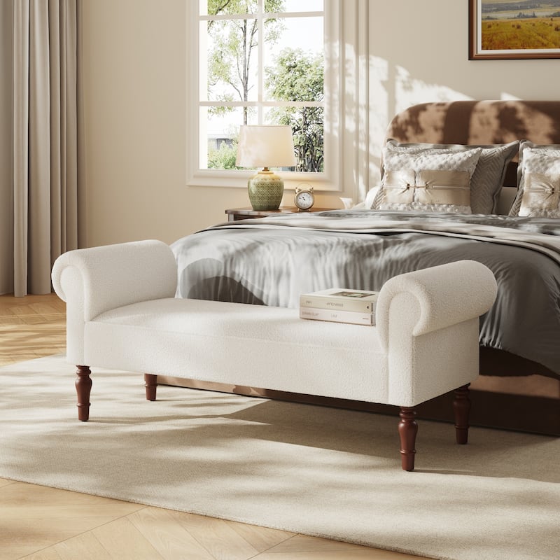 Christopher Knight Home - Elric Teddy Upholstered Bench with Rolled Arms and Solid Wood Legs - White