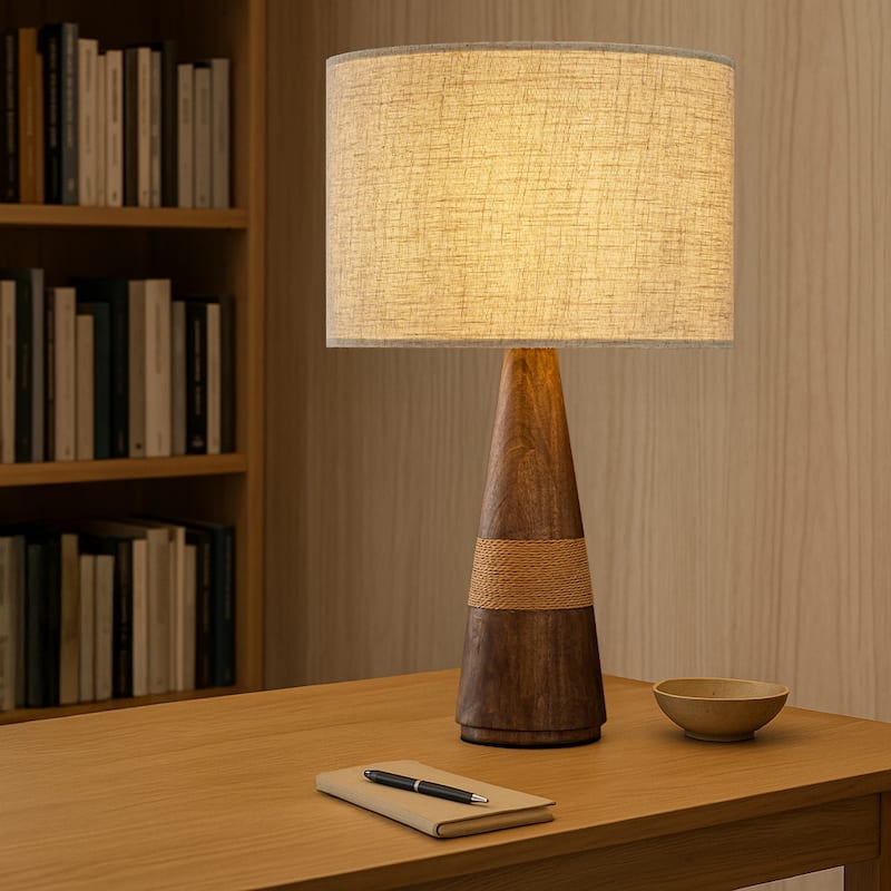 28'' Farmhouse Honey Brown Wood Bedside Table Lamp Classic Dome Beige Fabric Shape Nightstand Lamp for Bedroom, Living Room