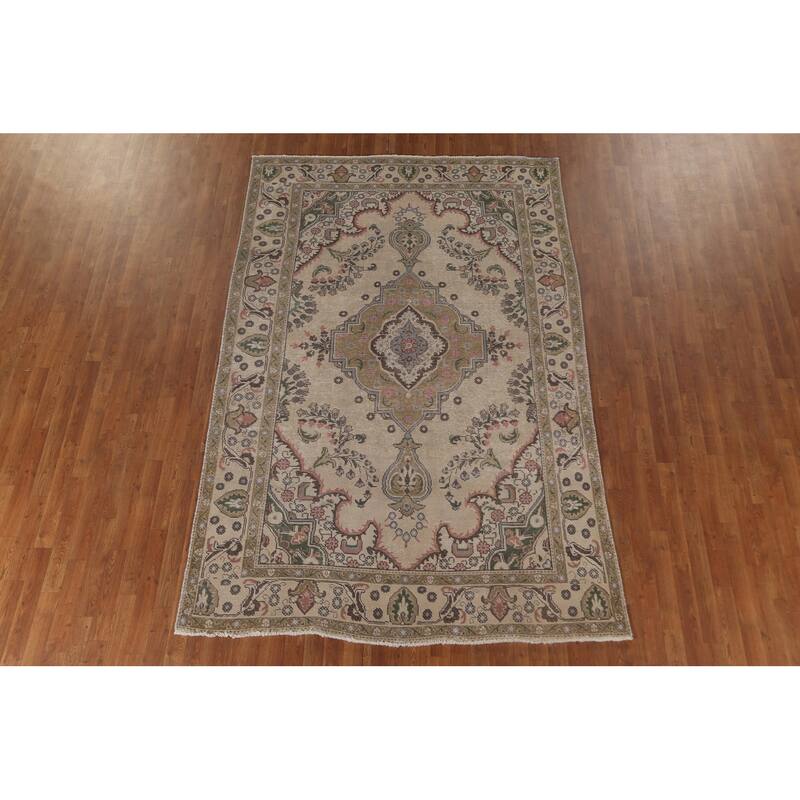 Beige Tabriz Persian Vintage Area Rug Handmade Wool Carpet - 6'3"x 9'7"