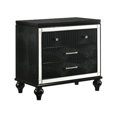 3 Drawer Wooden Nightstand with Mirror Accents and Faux Crystal Pulls,Black