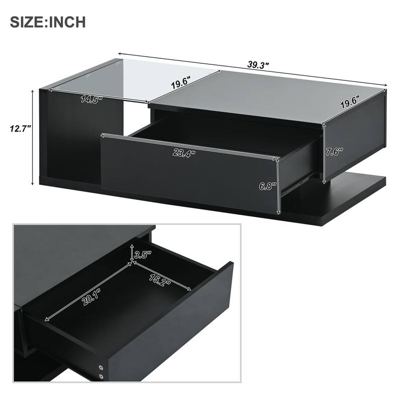 Contemporary 2-Tier Coffee Table with Tempered Glass & Wooden Base, High-Gloss UV Surface, 39.3" for Living Room