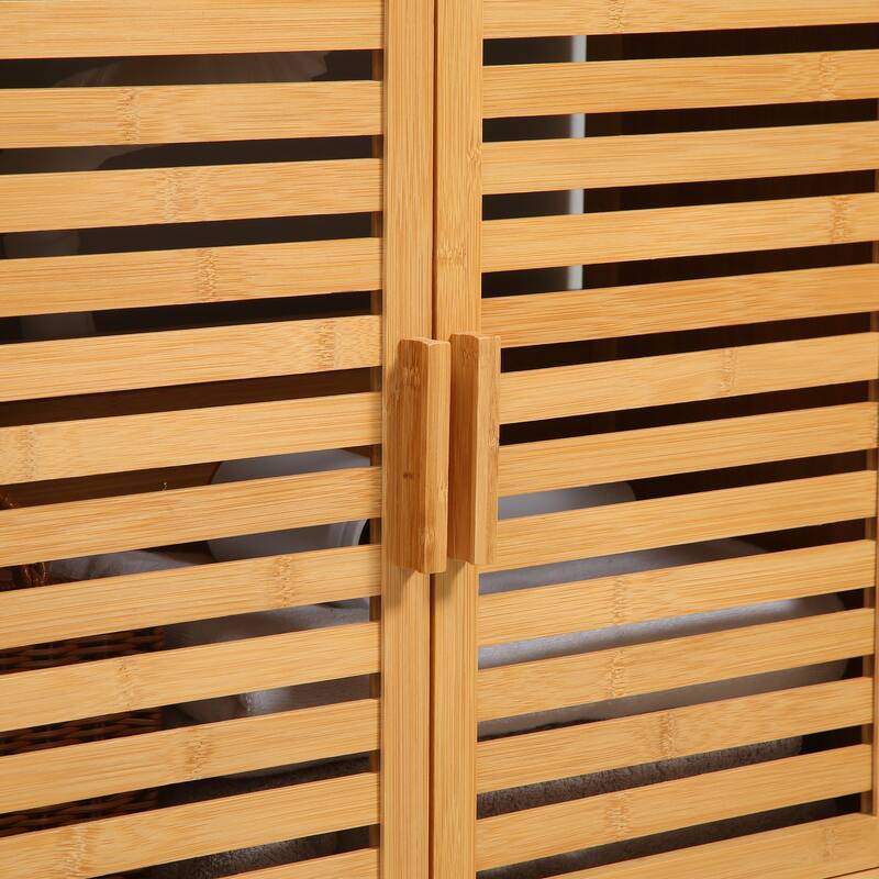 Bamboo Under Sink Cabinet with 2 Slatted Doors, Freestanding Bathroom Sink Cabinet Space Saver Organizer