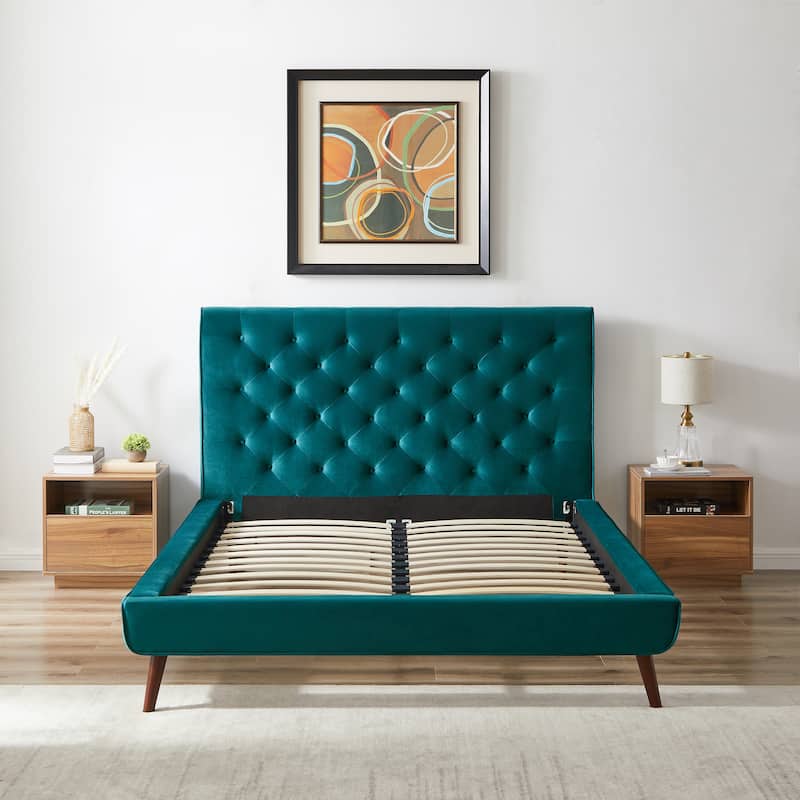 Queen Size Velvet Platform Bed with Tufted Headboard and Mid-Century Design