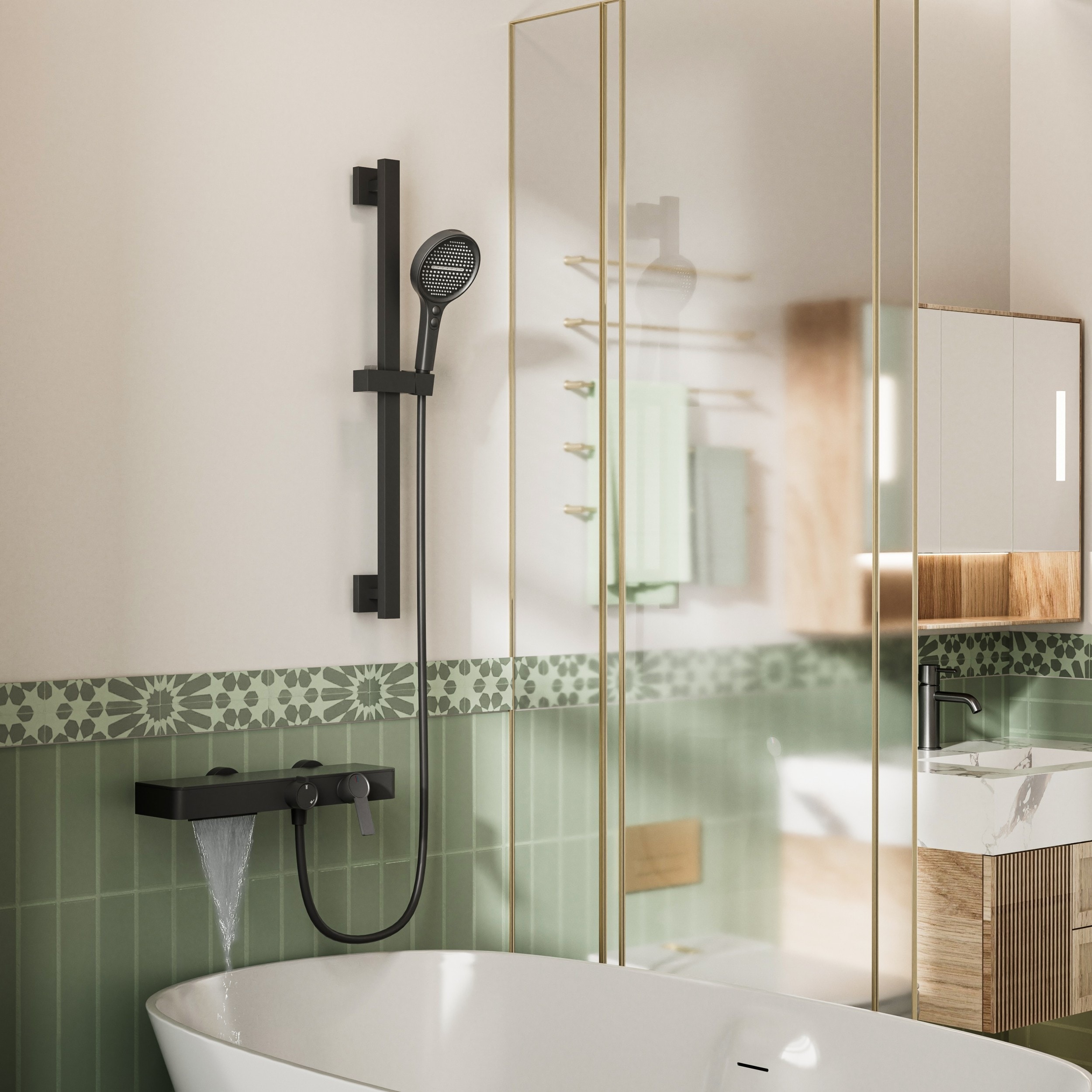 Wall Mount Tub Filler Faucet with Adjustable Hand Shower Slide Bar, Brass Waterfall Bathtub System, Leak-Proof