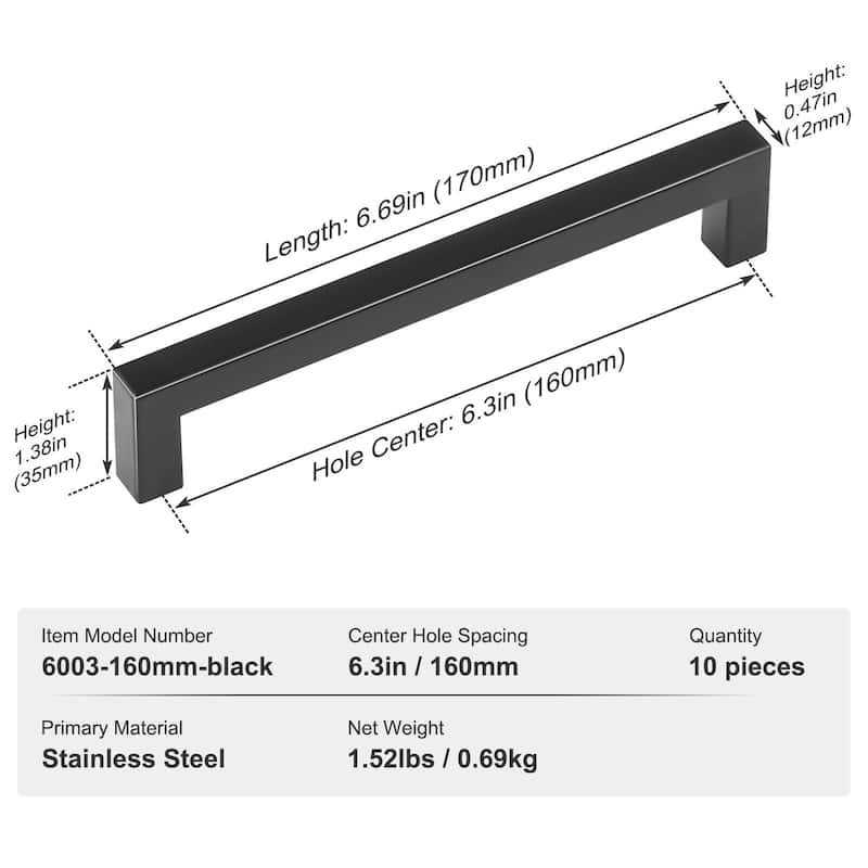 Matte Black Stainless Steel Cabinet Handles 10Pcs, No-Drill Design - 6.69 x 0.47 x 1.38 inches
