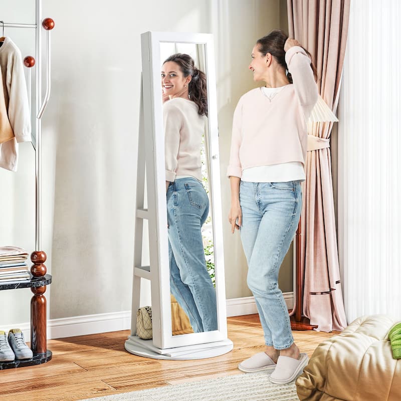 HOMCOM 360° Swivel Jewelry Cabinet, Lockable Jewelry Armoire Organizer with Full-Length Mirror for Bedroom Living Room