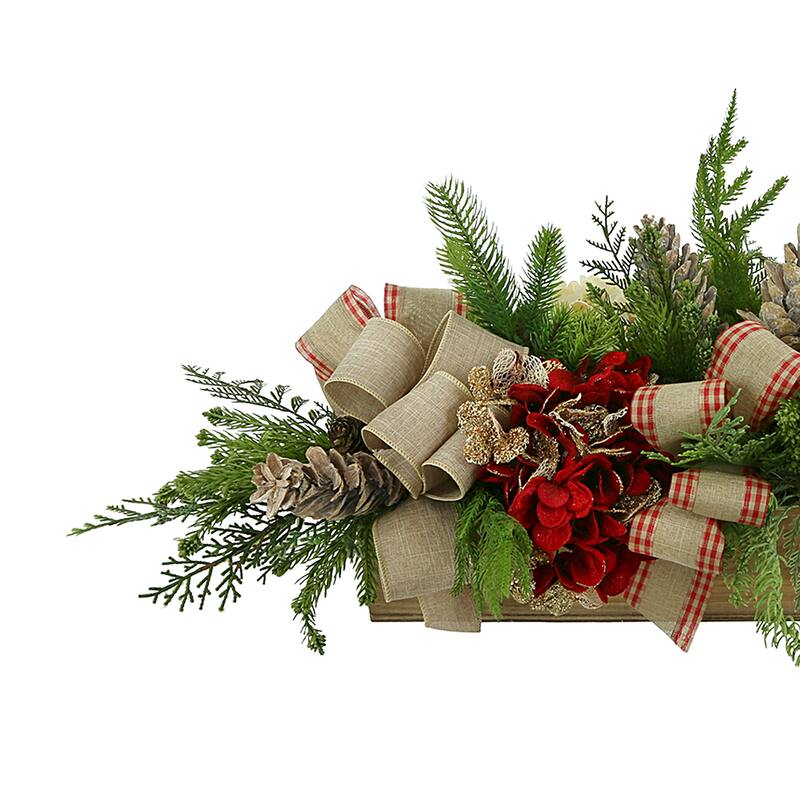 Hydrangea Holiday Arrangement with Evergreen and Bows in a Wood Planter - Red, Beige, Green, Browns - 15Hx38Wx18D
